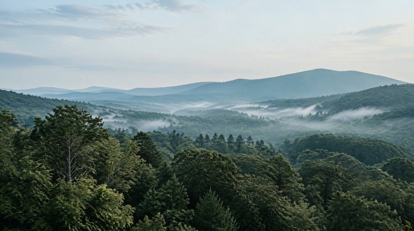 Green forest canopy and mist rising between distant mountain ridges